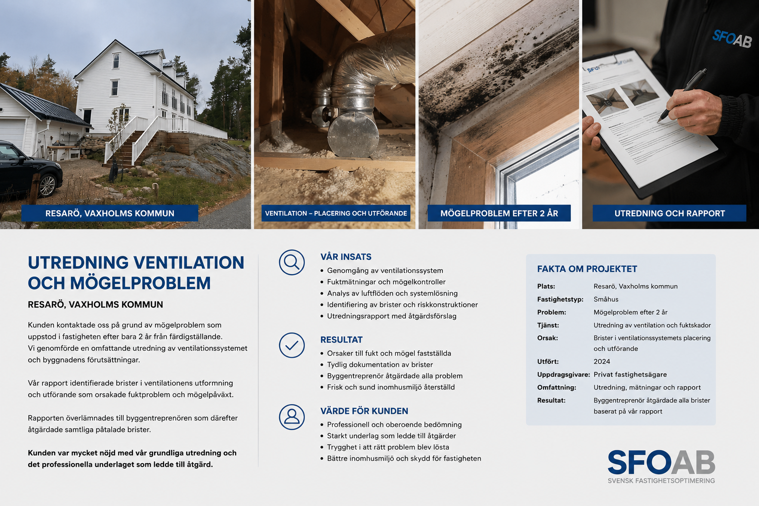 Felsökning av ventilation, fukt och inomhusmiljö i villa Vaxholm.